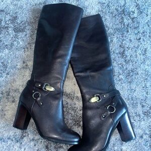 Tahari Black Leather Knee-High Heeled Boots with Buckle Accents